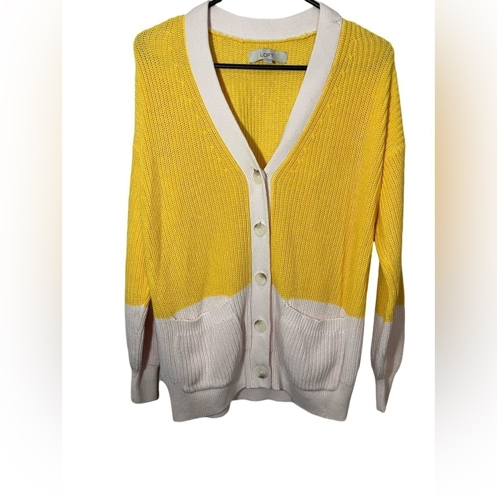 LOFT Colorblock Yellow & White Button-Front Cardigan, Size M, Excellent Used C - Picture 3 of 5